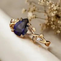 Damla Safir Ve Pırlanta Vintage Yapraklı Yüzük 
