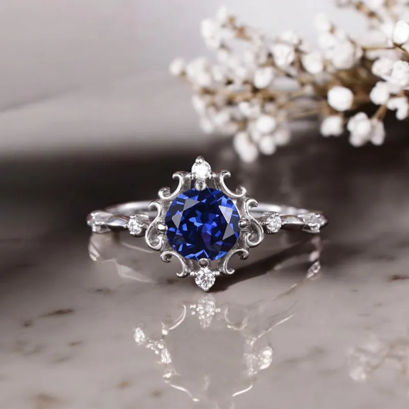 Safir Ve Pırlanta Vintage Tasarım Tektaş Yüzük