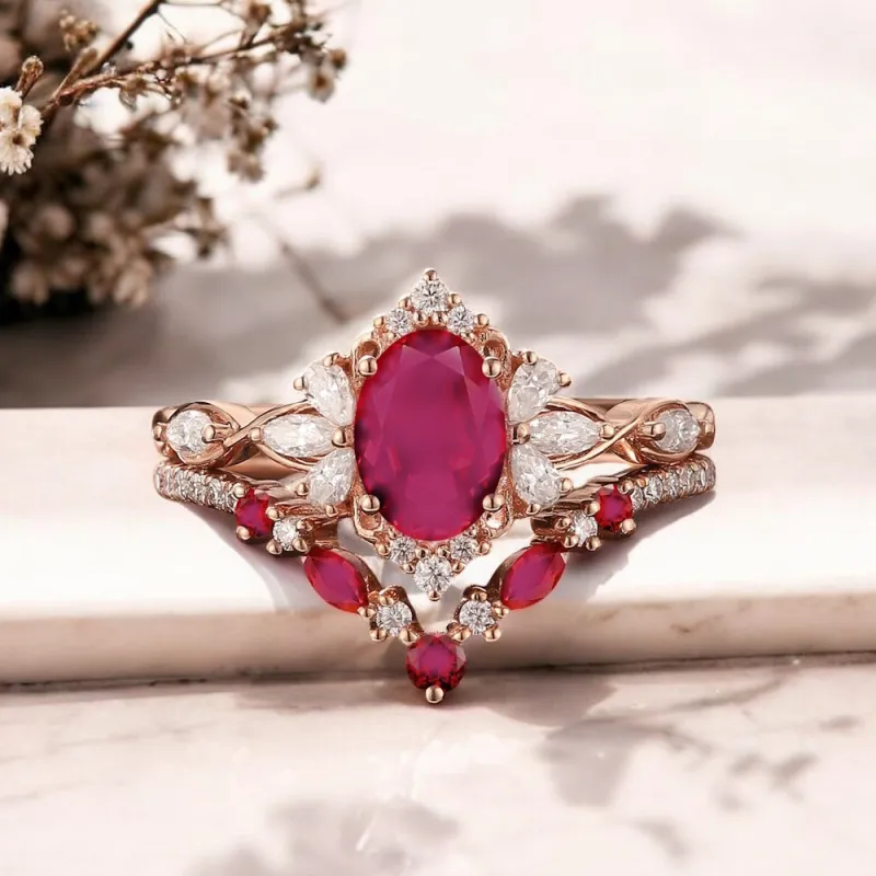 Vintage Tasarım İkili Set Yüzük Yakut Ve Pırlanta MY3938 - My Diamond