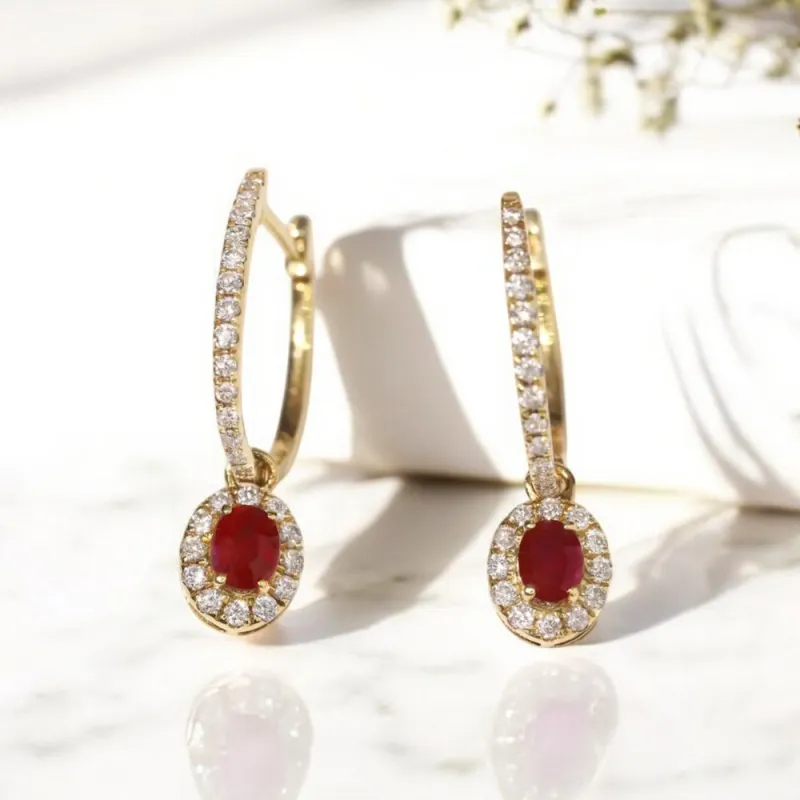 Vintage Tasarım Yakut Ve Pırlantalı Sallantılı Küpe 