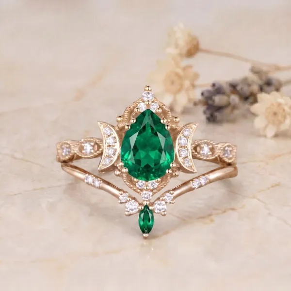 1.00 Ct. Zümrüt 0.25 Ct. Pırlanta Vintage Set Yüzük MY2442