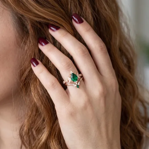 1.00 Ct. Zümrüt 0.25 Ct. Pırlanta Vintage Set Yüzük MY2442