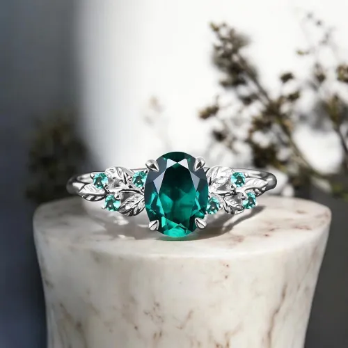 Oval Zümrüt Taşlı Yaprak Tasarım Vintage Yüzük MY2477