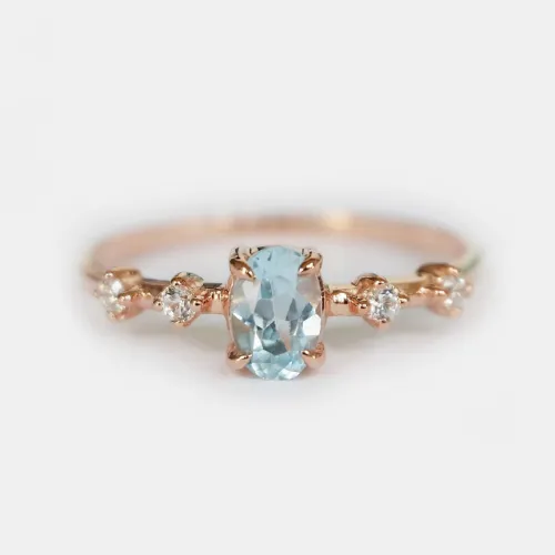 Oval Aquamarine Ve Pırlantalı Altın Yüzük MY2524