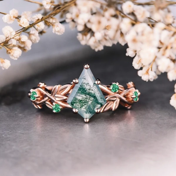 Moss Agate Ve Zümrütlü Yapraklı Sarmaşık Yüzük MY2449