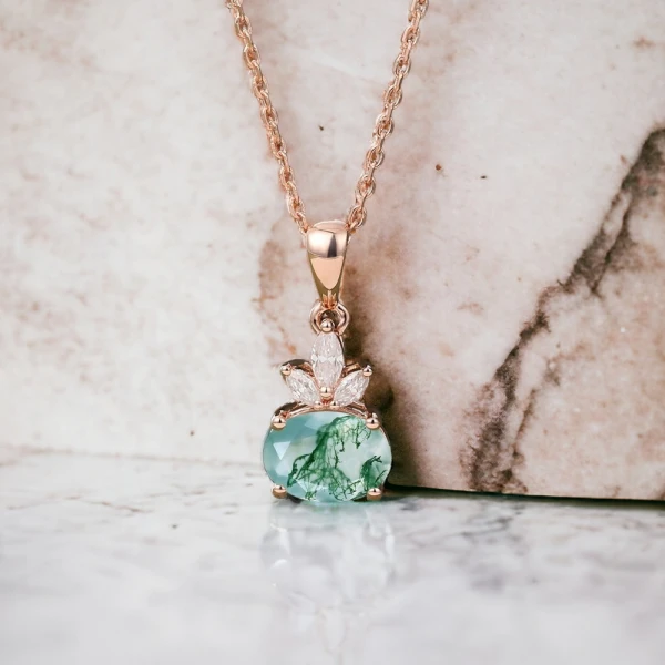 Vintage Moss Agate Kolye Markiz Pırlanta MYVK11