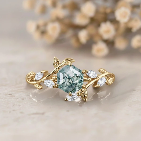 Hexagon Kesim Moss Agate Yaprak Tasarım Yüzük MA1141