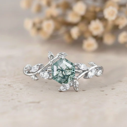 Hexagon Kesim Moss Agate Yaprak Tasarım Yüzük MA1141