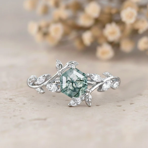 Hexagon Kesim Moss Agate Yaprak Tasarım Yüzük MA1141