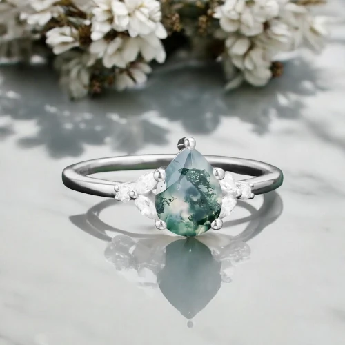 Damla Moss Agate Ve Pırlanta Evlilik Teklifi Yüzükleri MA1135