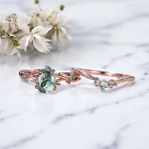 Damla Moss Agate Zümrüt Dal Set Yüzük MY2068