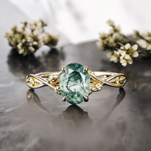 14 Ayar Altın Yaprak Tasarım Moss Agate Yüzük MA1139