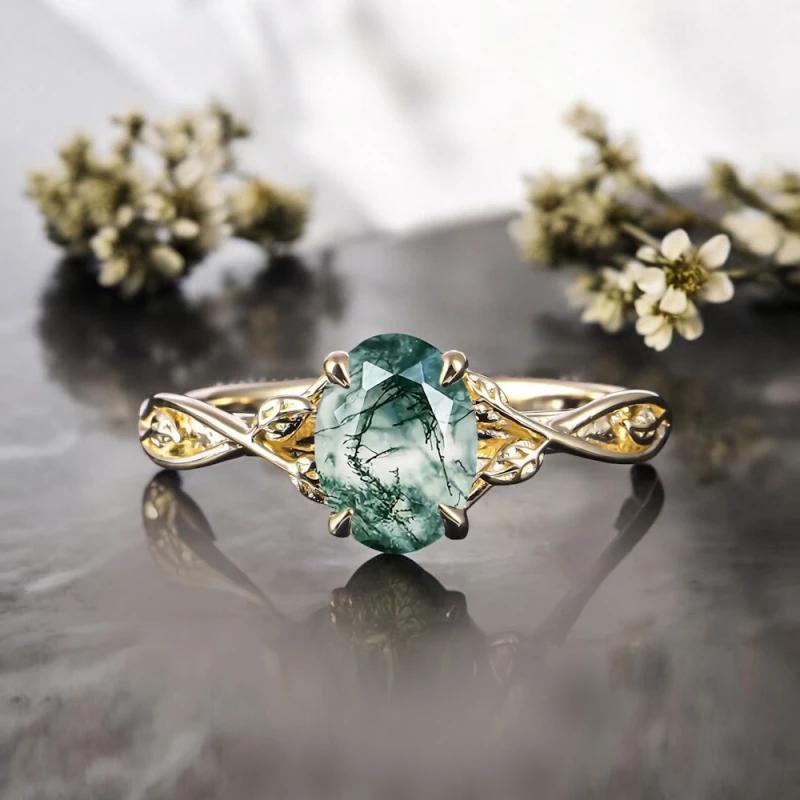 14 Ayar Altın Yaprak Tasarım Moss Agate Yüzük