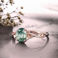 14 Ayar Altın Yaprak Tasarım Moss Agate Yüzük