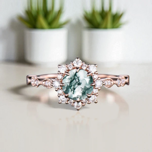Vintage Tasarım Tektaş Yüzük Moss Agate Ve Pırlanta MA1102