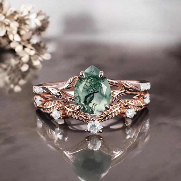 Damla Moss Agate Ve Pırlantalı İkili Set Yüzük MA1125
