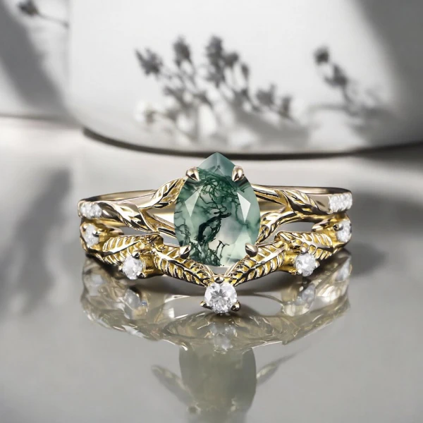 Damla Moss Agate Ve Pırlantalı İkili Set Yüzük MA1125
