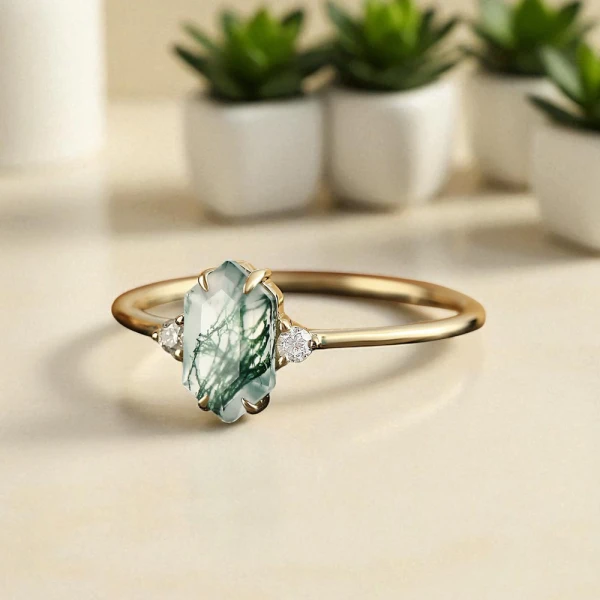Uzun Altıgen Moss Agate Ve Pırlanta Tektaş Yüzük MA1131