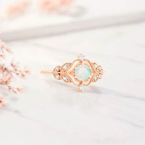 Opal Ve Pırlanta Vintage Tasarım Altın Yüzük AD1258