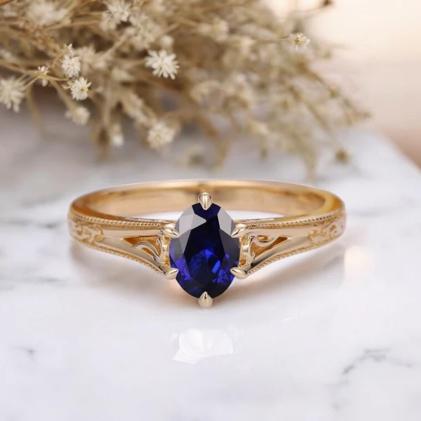 0.70 Karat Oval Safir Vintage Tektaş Yüzük AD1384