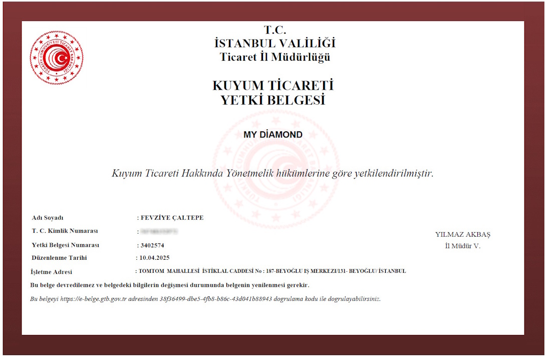 My Diamond Kuyumculuk Yetki Belgesi